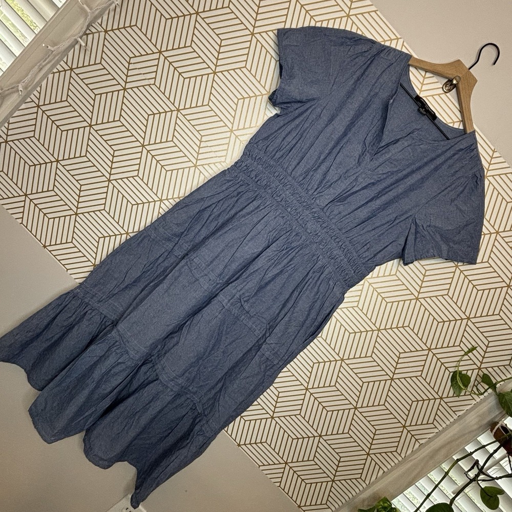 Denim Maxi Dress Tiered Western XL Blue Short Sleeve Chambray Butter Mom 90s